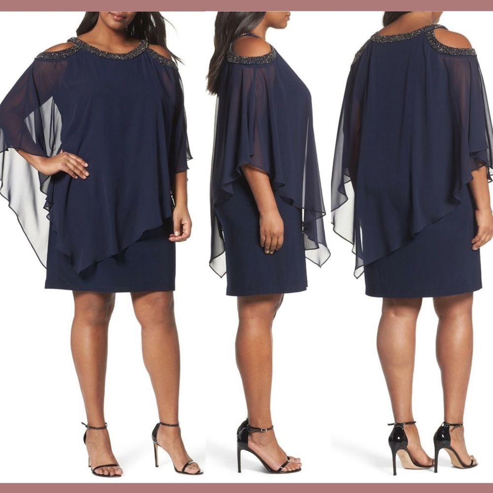 NWT! Xscape Chiffon‎ Overlay Dress Navy [ SZ 18W ]